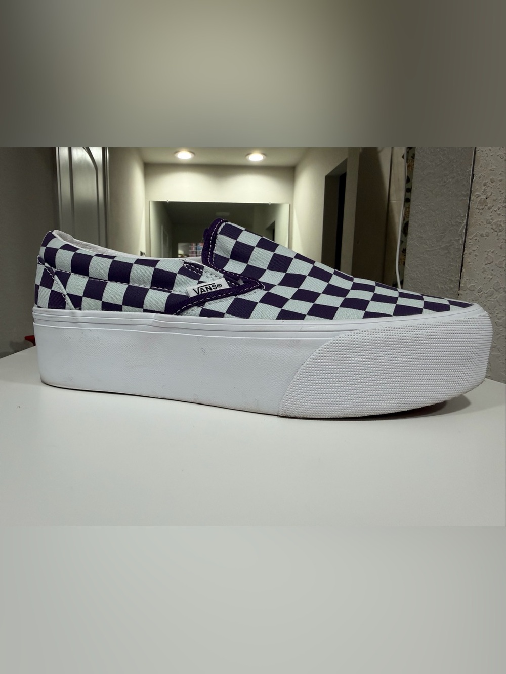 Vans Women’s Slip-On Checkerboard Clog — Purple & White